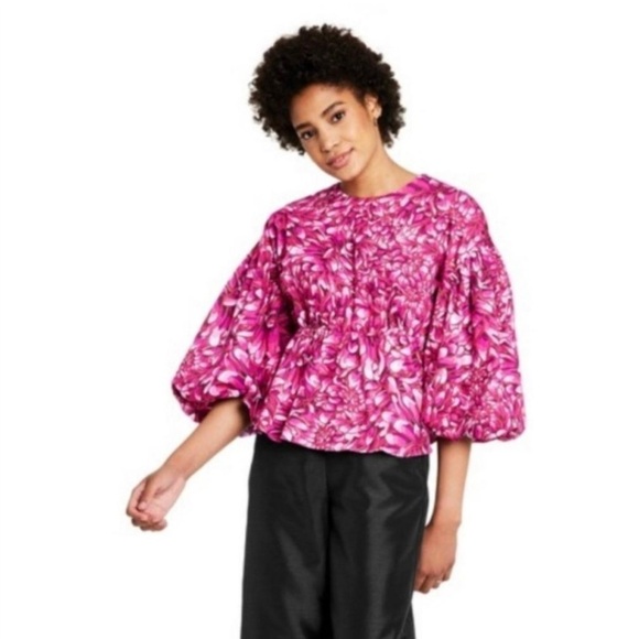 Woman's Pink Floral Open Back Scallop Blouse Kika Vargas for Target Pink Size S - Picture 5 of 8